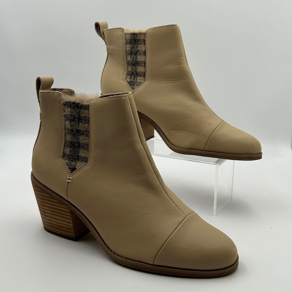 Toms Everly Ankle Boots Women 8.5 Tan Leather Plaid Calf Hair Block Heel Chic